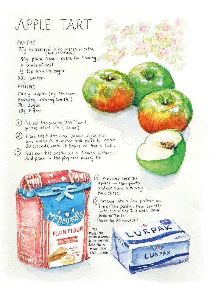 a watercolour illustration of an apple pie recipe. the illustrations are of a packet of lurkpak butter and some Granny Smith apples. And a bag of plain flour.